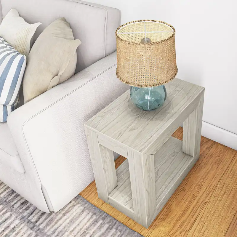 Natural Wood Rectangular Side Table with Bottom Shelf