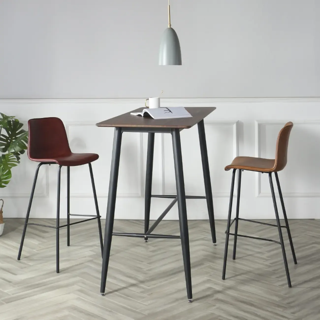 Industrial Metal Frame Leather Bar Stool with Footrest