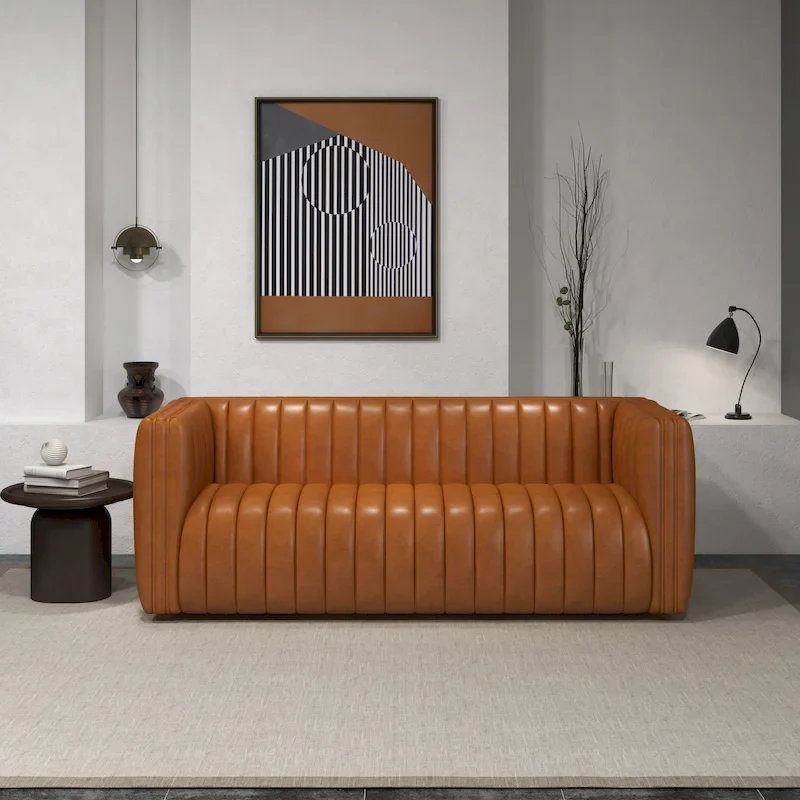 Rasam Mid Century Modern Luxury Tight Back Geniune Leather Couch in Cognac Tan