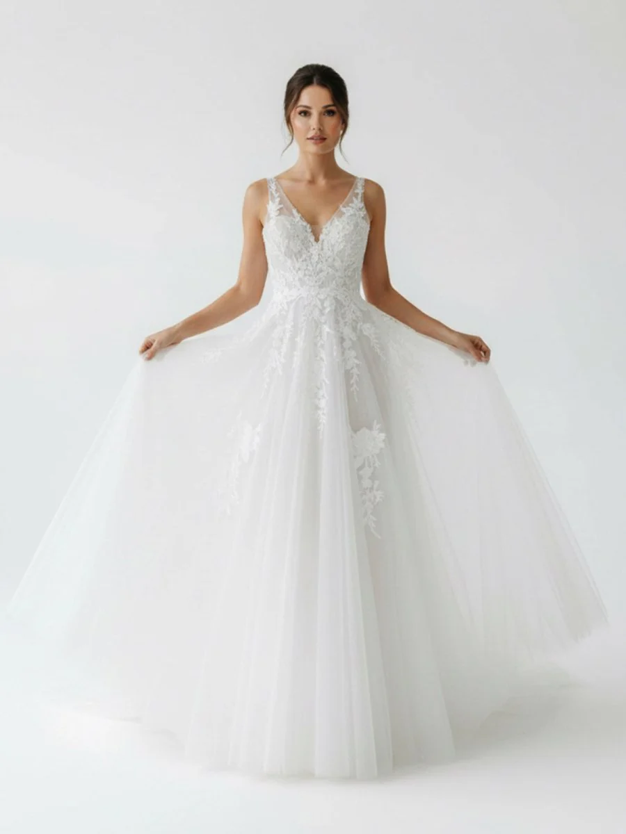 A-Line V Back Long White Wedding Dress with Lace Appliqued