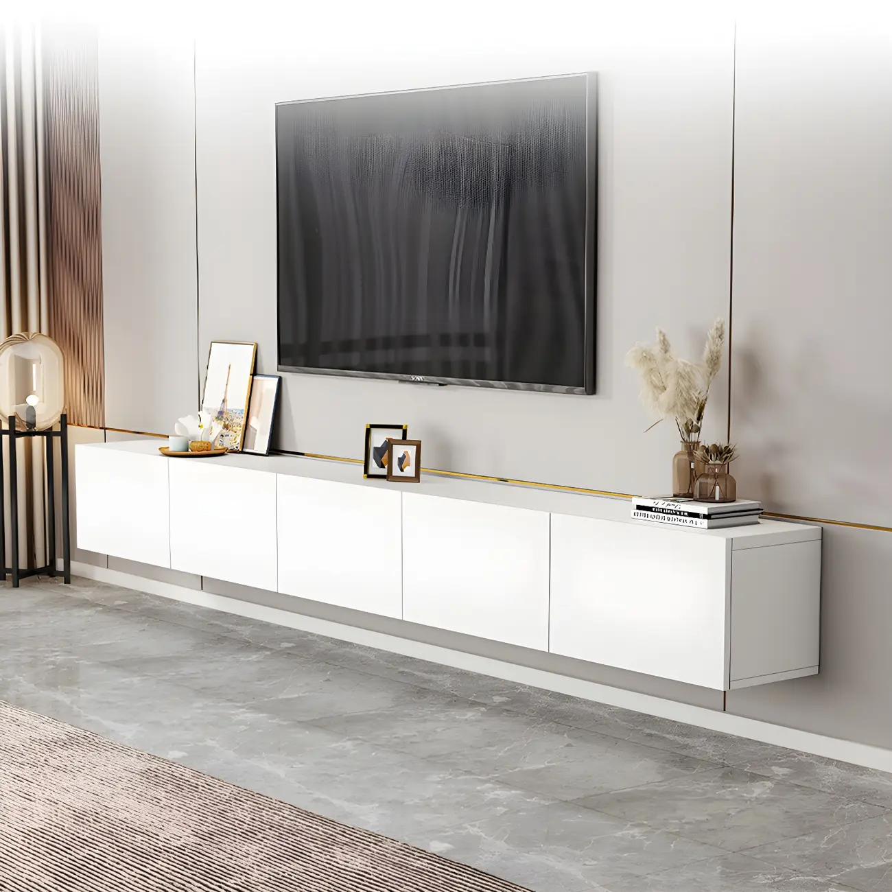 63 White Wooden Cable Management TV Stand with Drawers