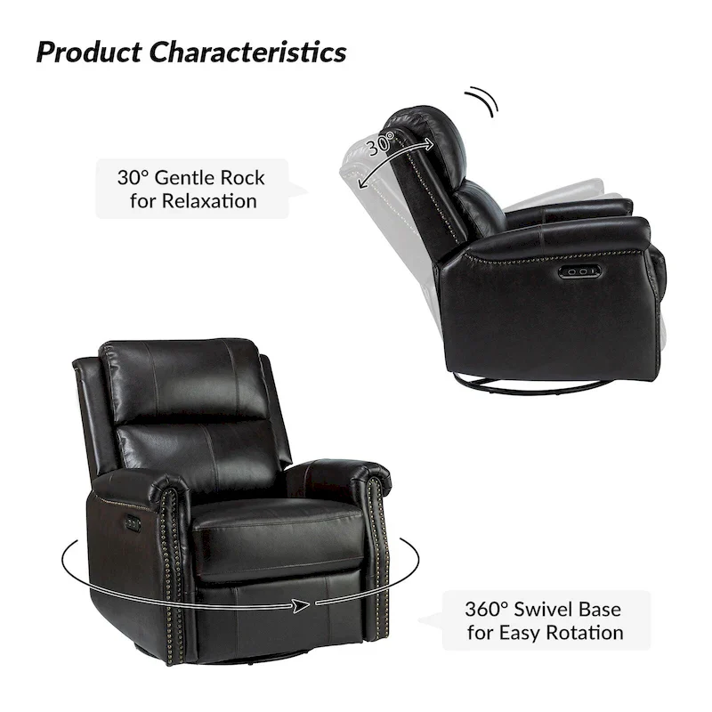 Renato Traditional Genuine Leather Nailhead Power Swivel Recliner Chair with Metal Base Set of 2 by HULALA HOME