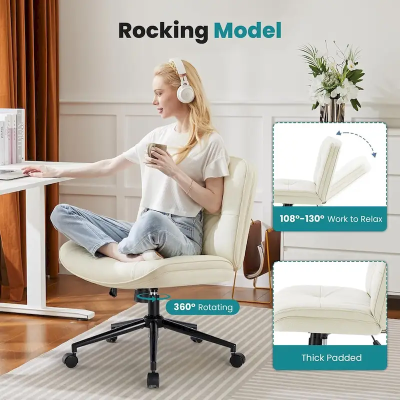 Criss Cross Chair with Wheels, Legged Home Office PU Leather Wide Armless Desk Seat, Rolling Ergonomic Comfy Vanity Seating