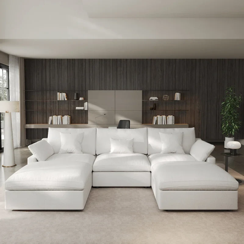 Classic Modern Linen Sectional Modular Sofa 3-Seater with 2 Ottomans, U-shaped Down Filled Cloud Couch with Cushions