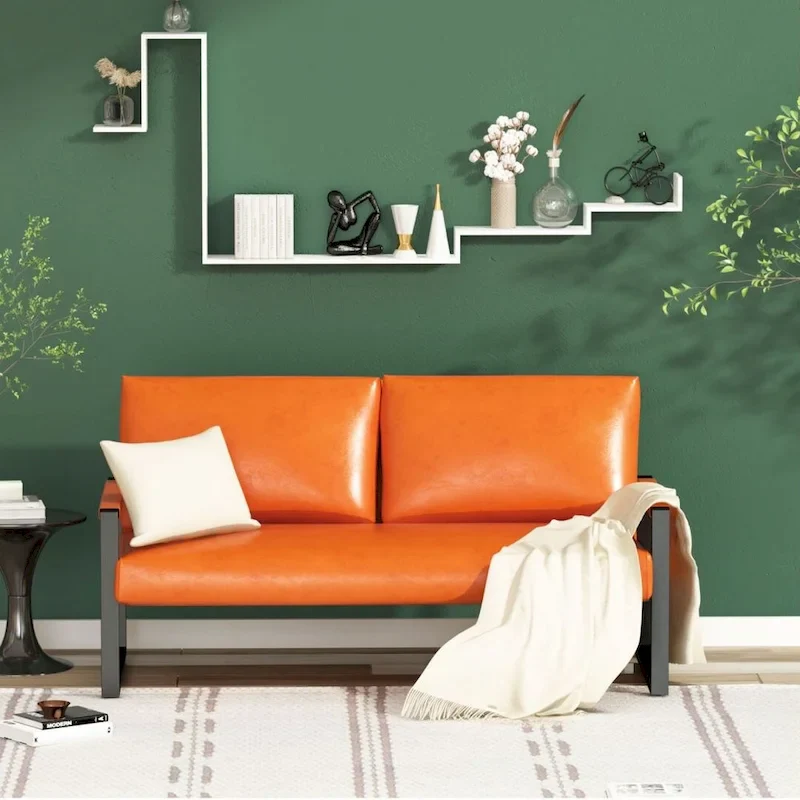 Mid-Century Style Faux Leather Loveseat Sofa with Steel Frame