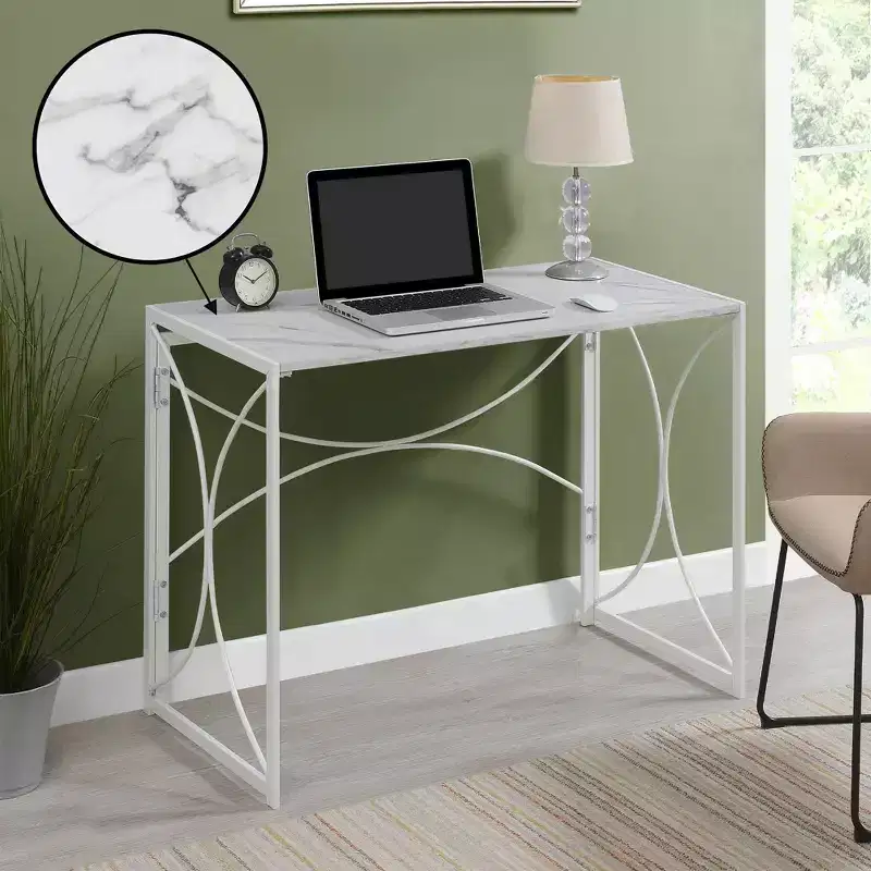 Breighton Home Nova Folding Desk in White Faux Marble/White
