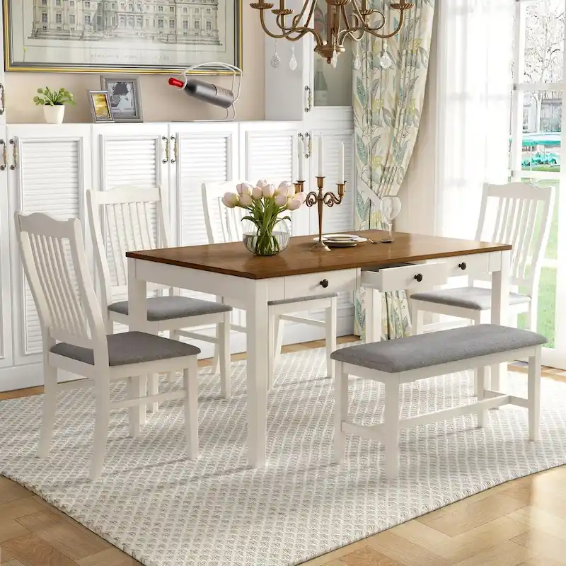6-Piece Wood Dining Table Set with 4 Chairs and Bench