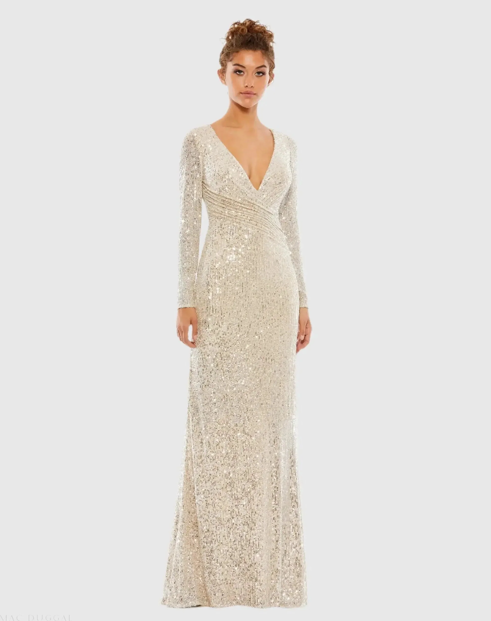 Beige Sequined Faux Wrap Long Sleeve Column Gown