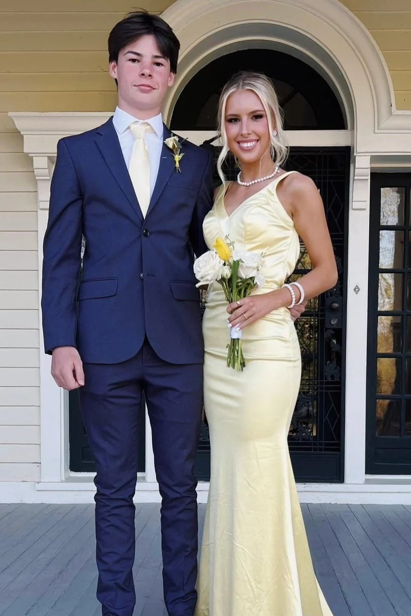 Yellow Mermaid Satin V Neck Long Party Dress