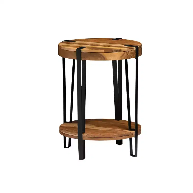 Alaterre Furniture 21" Ryegate Natural Brown Live Edge Solid Wood Round End Table Metal And Wood