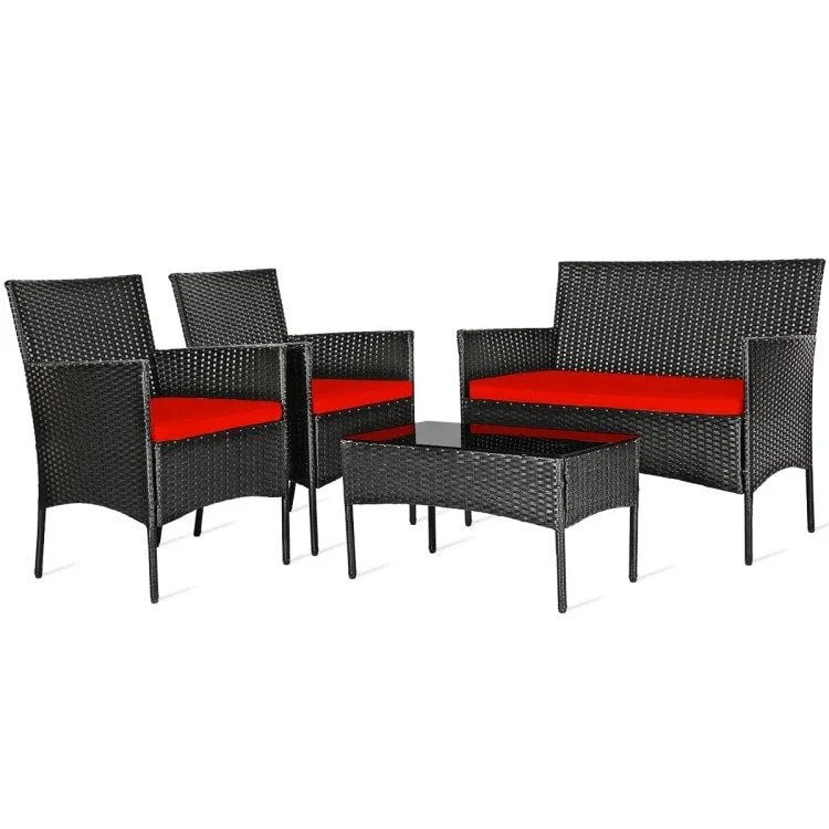 4 Pieces Patio Rattan Cushioned Sofa Set with Tempered Glass Coffee Table - 24 x 23.5 x 33 (L x W x H)