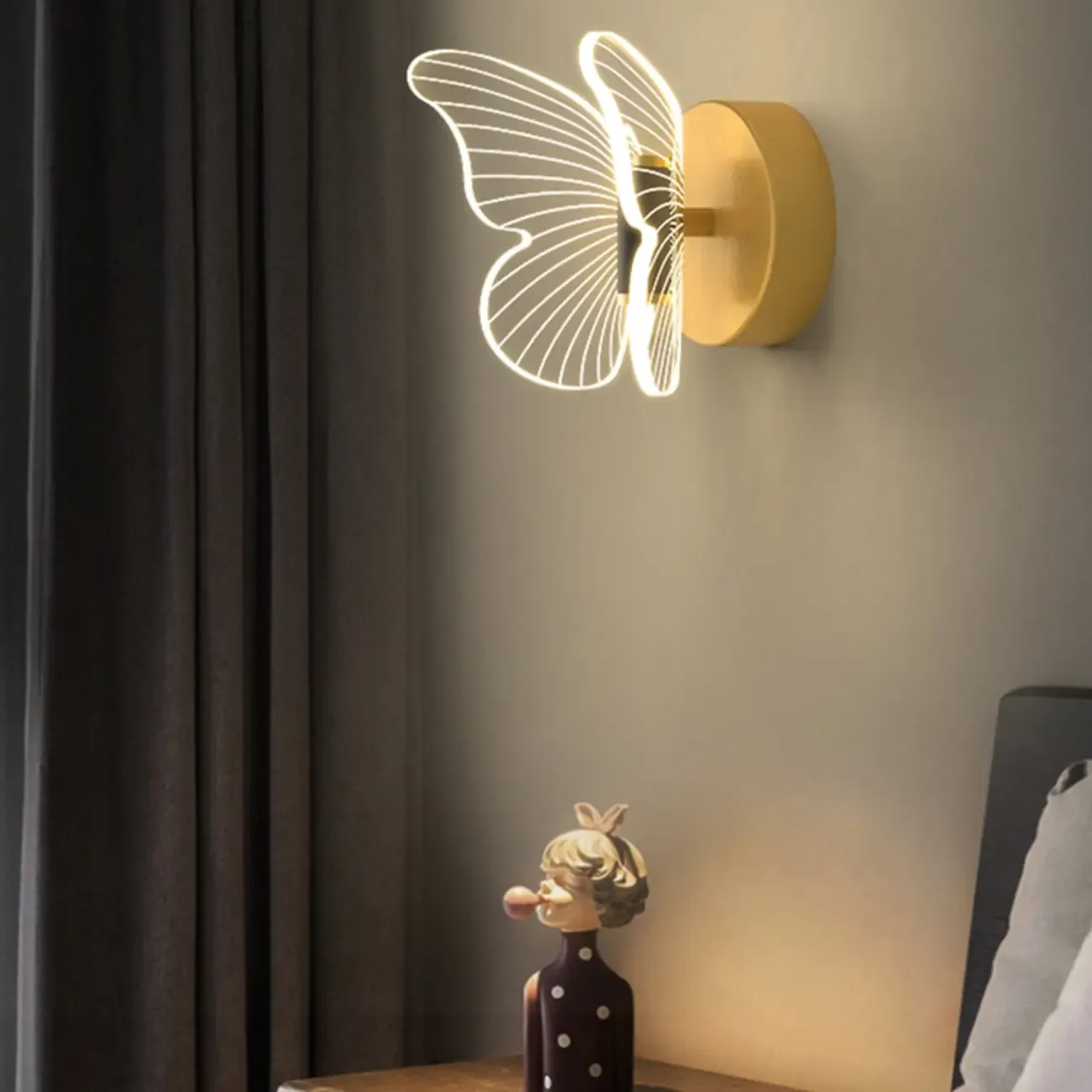 Unique Butterfly LED Wall Sconce with Wood Base for Bedroom