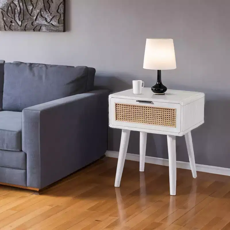 Boraam Cambria End Table Whitewash/Natural Cane