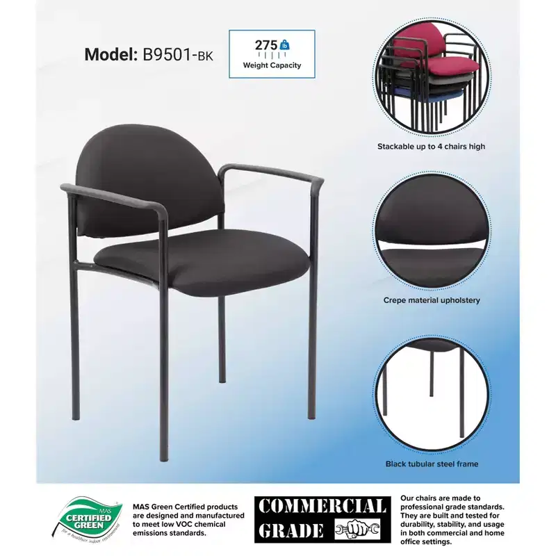 Fabric Modern Stacking Chair Black with Arms - Boss Office Products: Vinyl Upholstery, Metal Frame