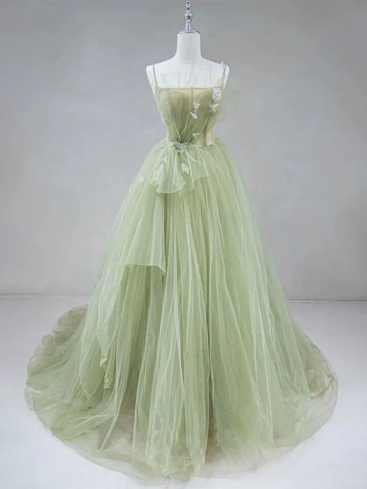 A Line Corset Back Sage Green Tulle Long Dresses