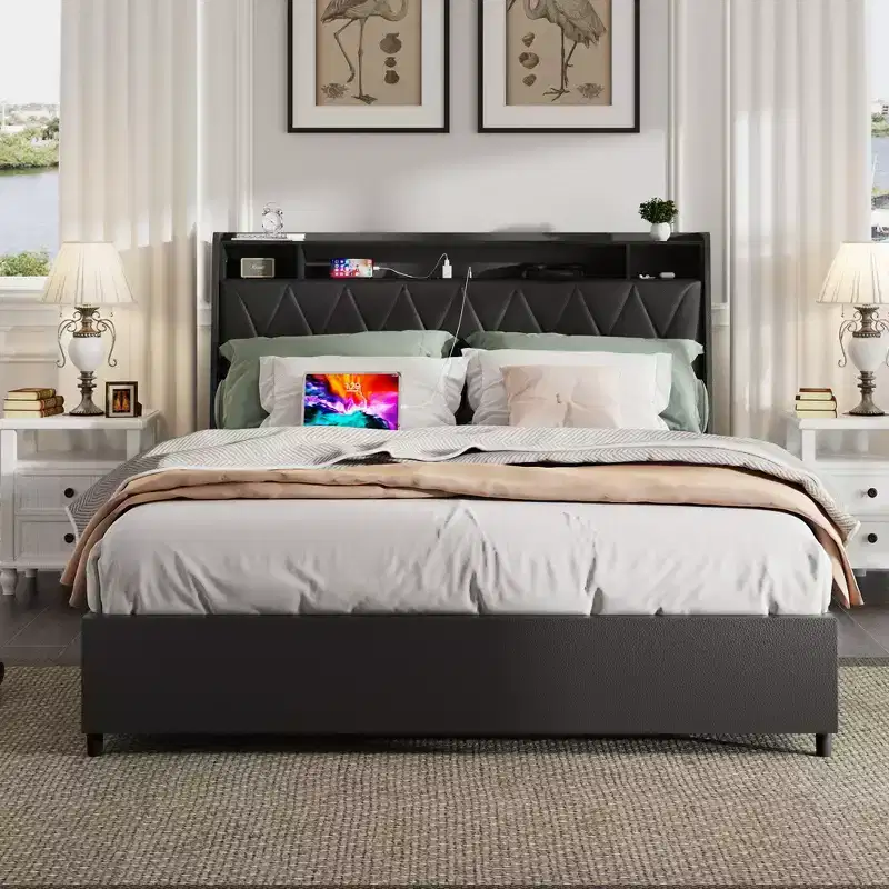 Okak Full/Queen Platform Bed Frame with Upholstered 4 Storage Drawers Bed with Outlets Charger Metal Frame No Box Spring Needed Noise-Free