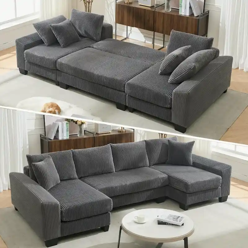 Grey/Black, Black, Beige Corduroy U-Shaped Pull-Out Sofa Bed, Seats 4