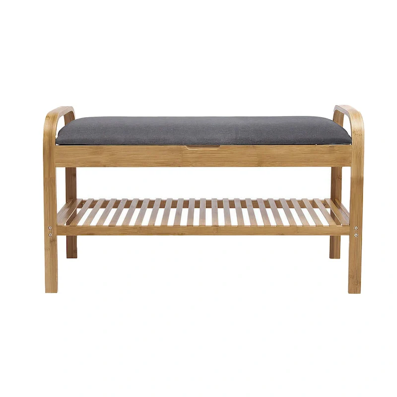 Mindy Shoe Storage Bench, Gray Polyester Seat, Walnut Brown Bamboo, 36 Inch
