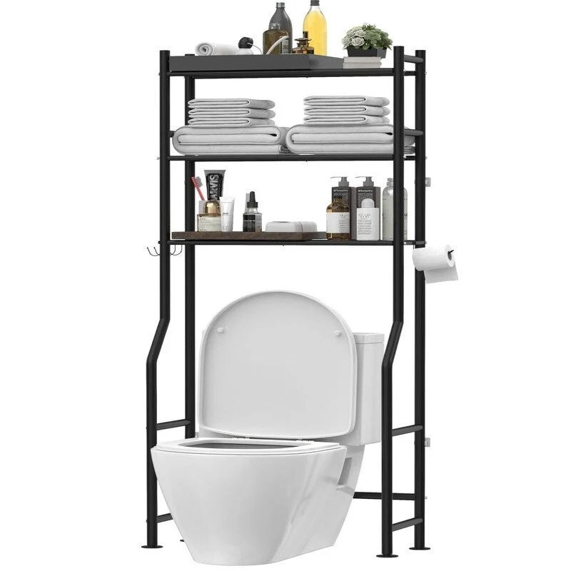 3-Tier Over-Toilet Storage Rack with 4 Hooks and Paper Holder, Carbon Steel, 26