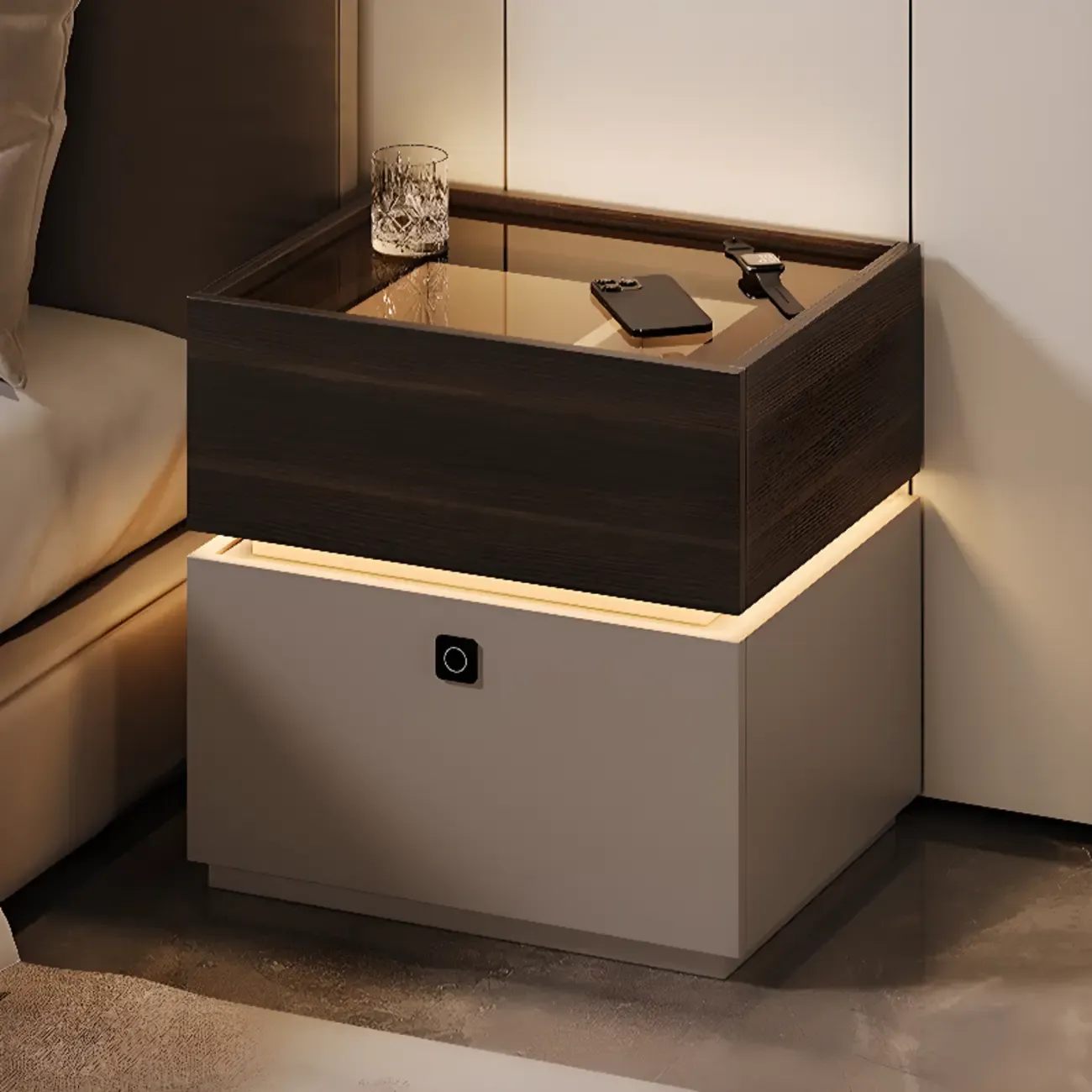 Narrow Black Glass Top 2-Drawer Wood Nightstand with Light