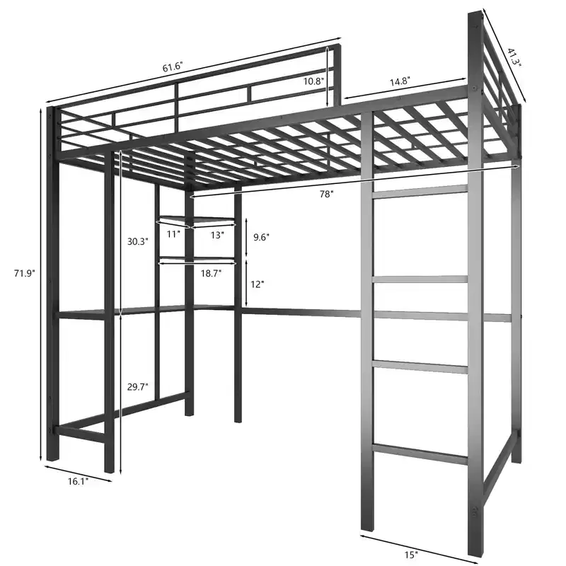Karl Home Black Twin Loft Bed with Desk, Metal Bunk Bed No Spring Box Need