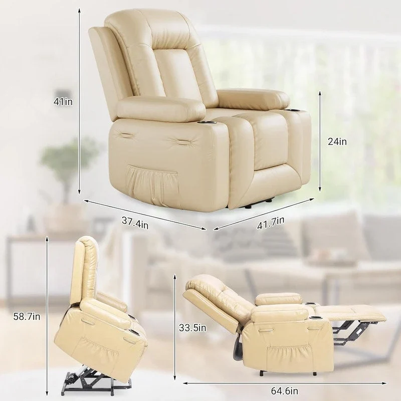Power lift recliner chair with massage, cup holders, and side pocket.