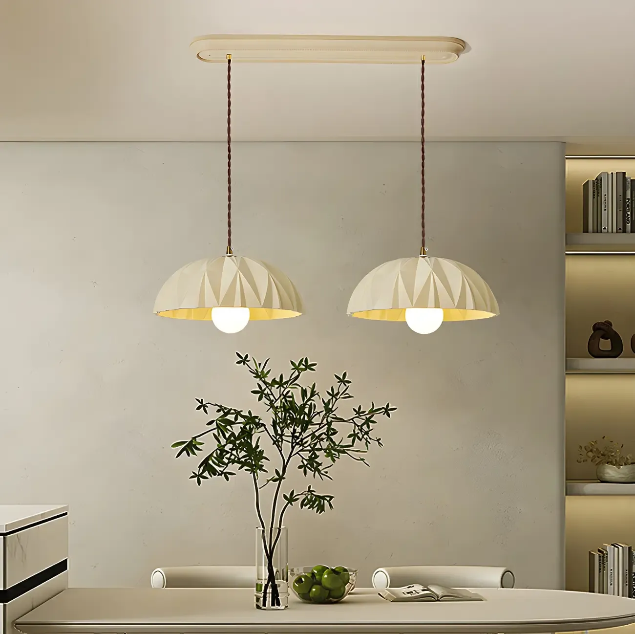 Modern 2-Light Cream Resin Bowl Pendant Light for Kitchen Island