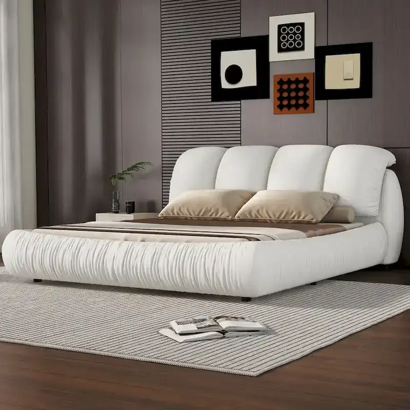 Luxury Upholstered Leather Bed with Thick Headboard