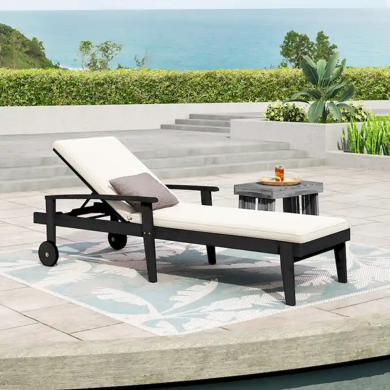 Outdoor Wood Chaise Lounge Single Chair with Wheels, Adjustable Backrest Recliner Sun Lounger for Pool Poolside Backyard
