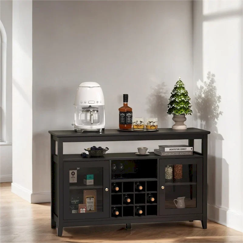 Black Wood Sideboard Buffet with Glass Doors, Wine Rack & Adjustable Shelves