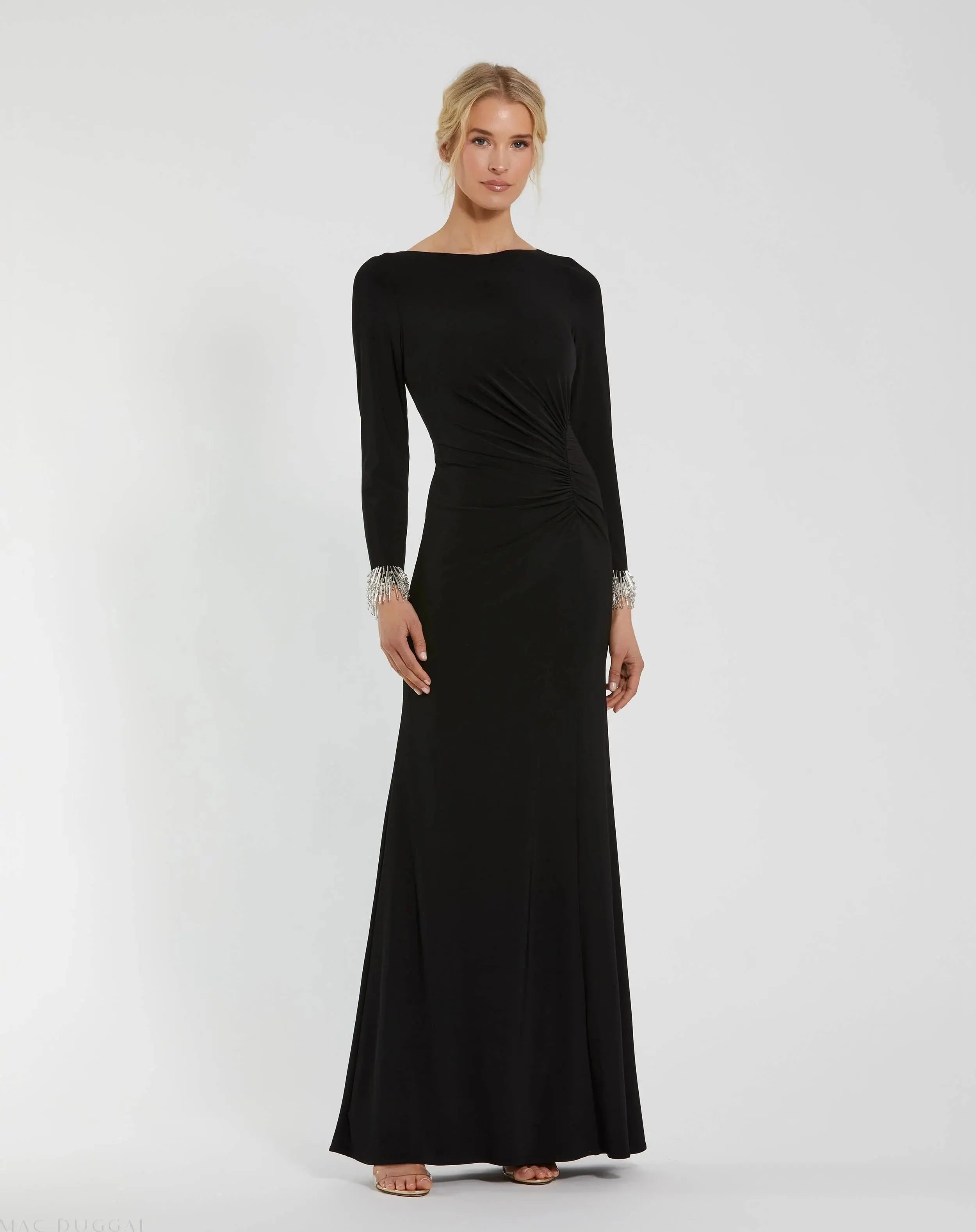 Black Long Sleeve Jersey Gown With Beaded Cuff Sleeves