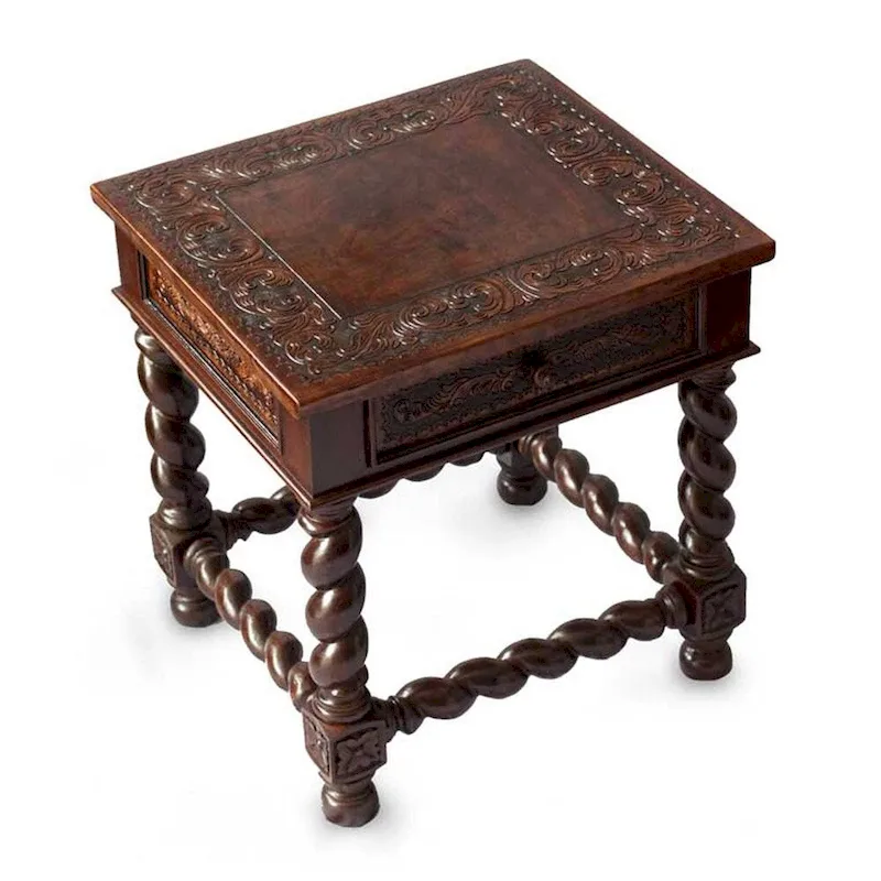 Handmade Viceroy Single Drawer Dark Brown Leather and Mohena Wood End Table (Peru)