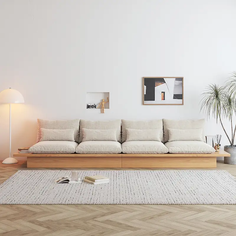 JASIWAY Cotton Line Beige Sofa With Wood Frame