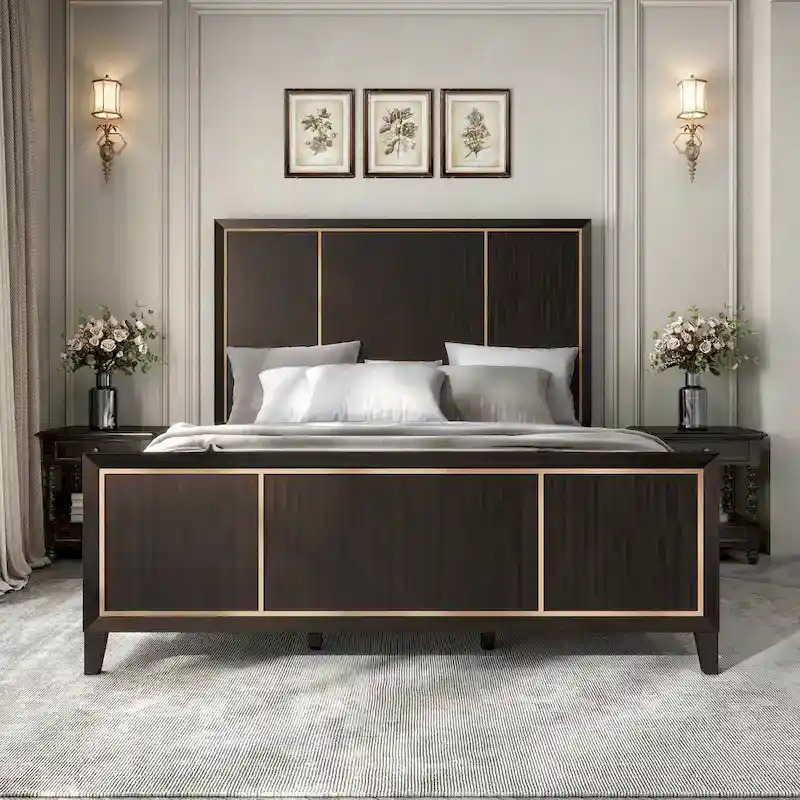 Espresso Panel Bed with Gold Accent Trim