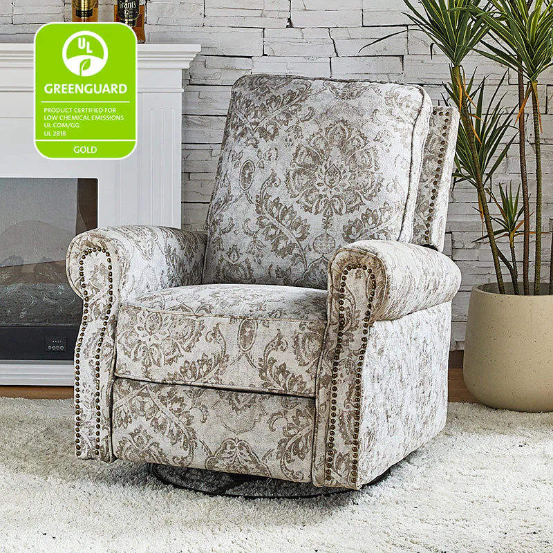 Polyester Manual Swivel Glider Recliner with 360° Swivel, Rocker & Pop-Up Footrest | Beige / Jacobean / Teal / Blue / Damask / Navy / Medallion | Single Seat
