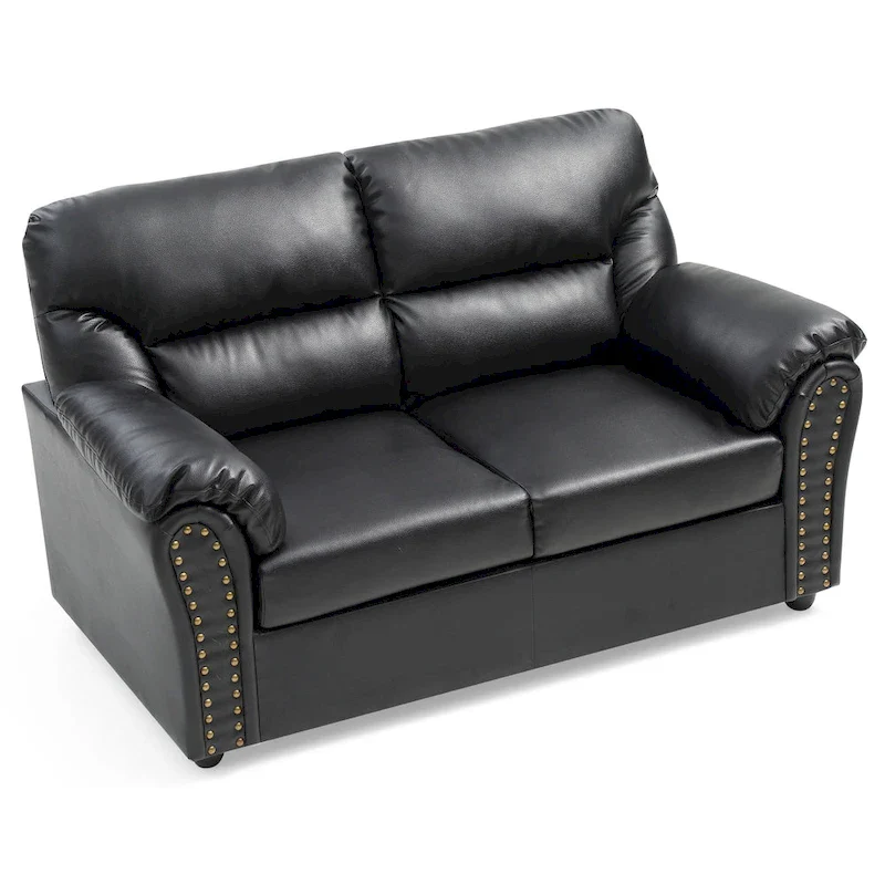 Brown Faux Leather Loveseat with Nailhead Trim - 2 Seater