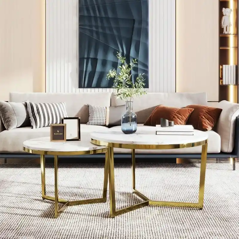 2Pcs Modern Round Nesting Coffee Table Set with Marbling Top Design and Gold Base