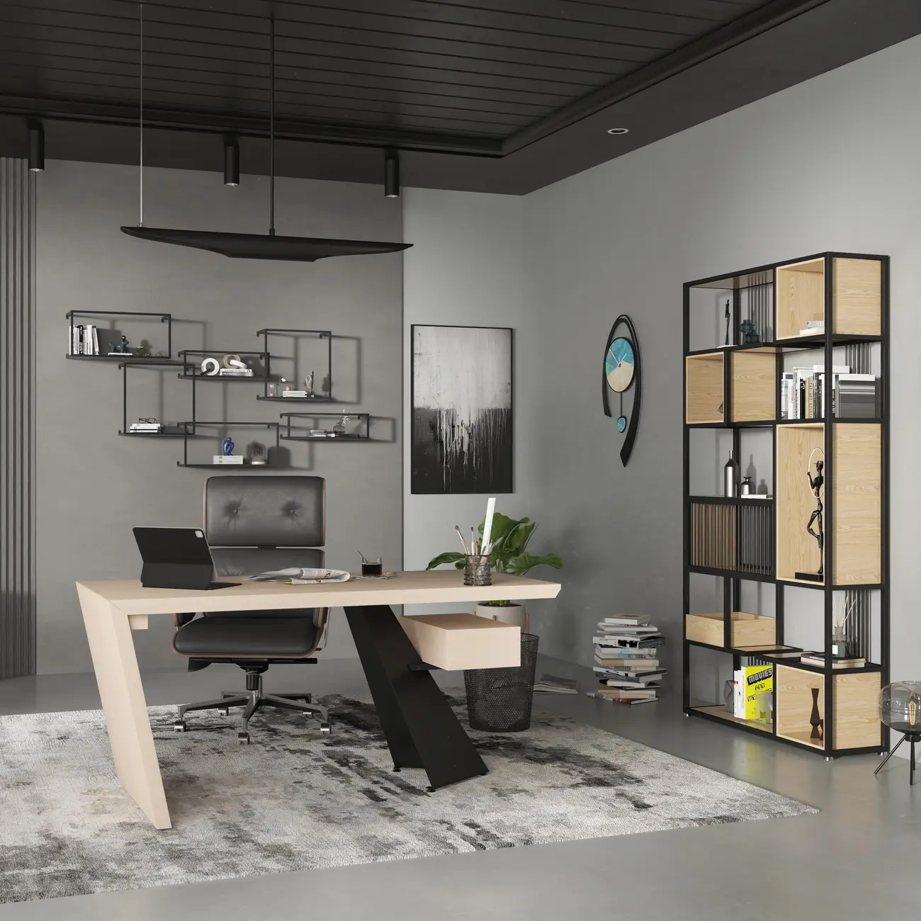 Modern Wood Leather Adjustable Swivel Black Executive Chair