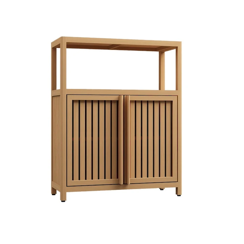 Freestanding Bathroom Linen Cabinet, Natural Bamboo Wood Cabinet with Flat Doors and Open Storage Shelf