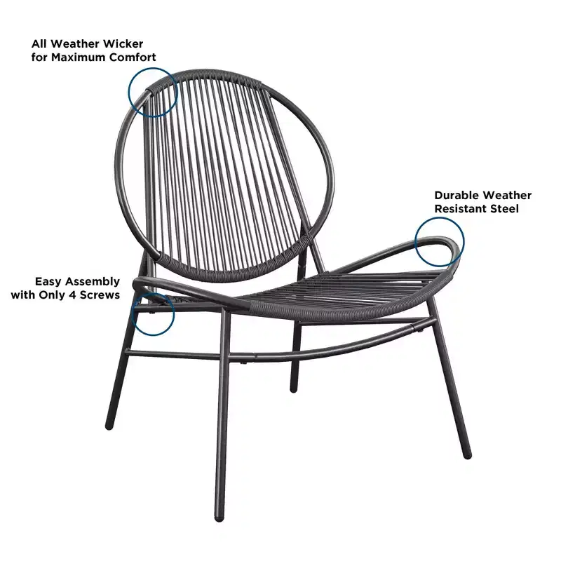 Novogratz Marilyn 3-Piece Resin Weave Conversation Set, Charcoal