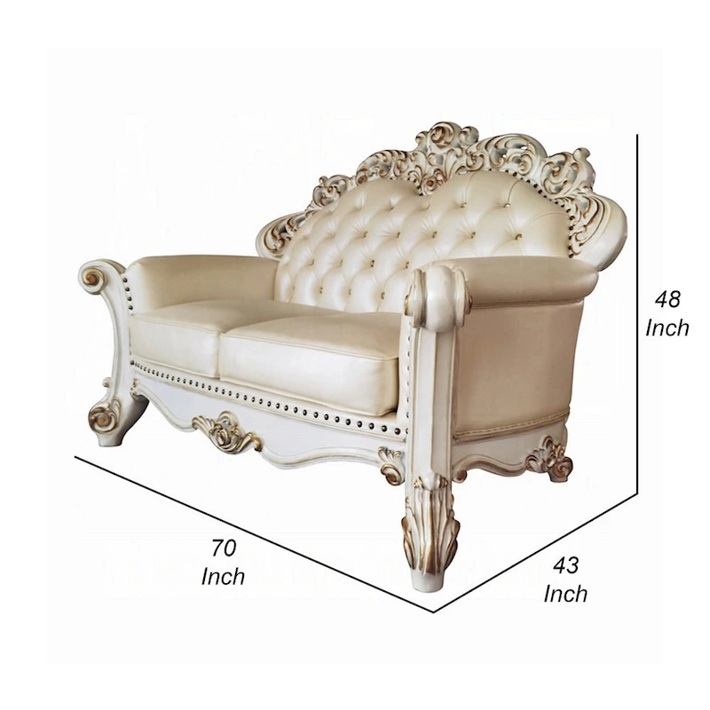 Antoine Loveseat, Carved, Champagne Faux Leather, Pearl White 70 Inch