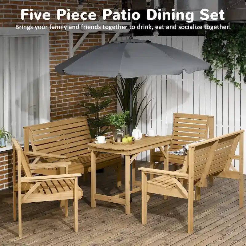 5-Piece Wooden Patio Dining Set for 6 with 2 Armchairs,2 Loveseats,and 1 Dining Table with Umbrella Hole