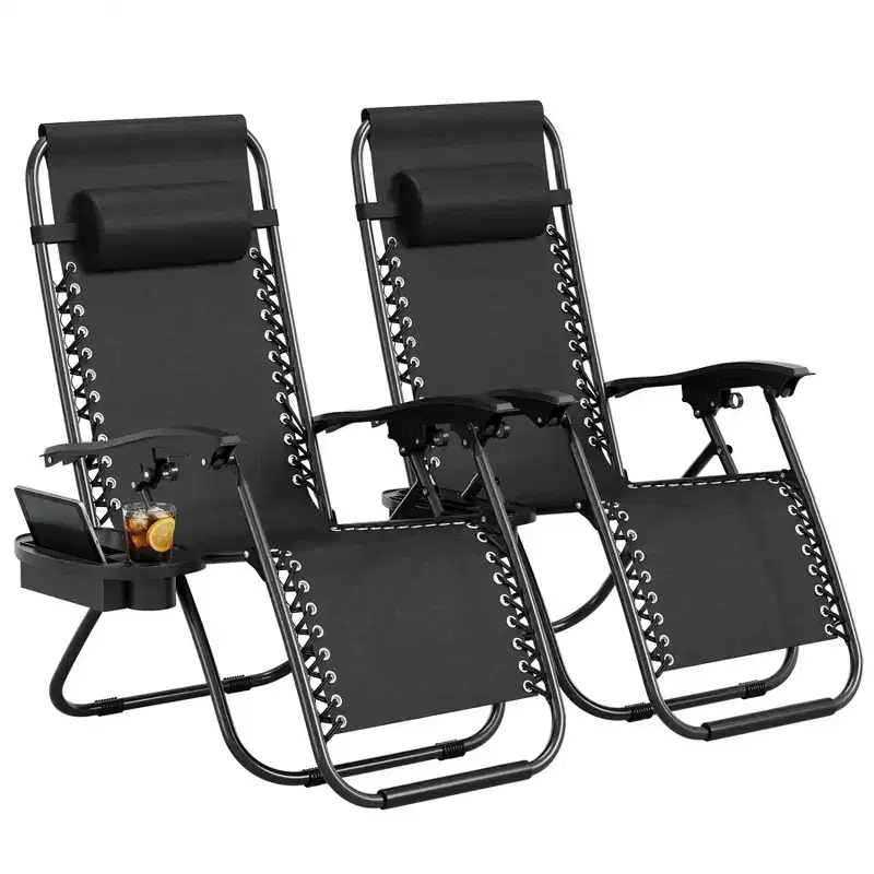 GustoWave Portable Folding Camping Chair Set of 2, Patio Lounge Chair Outdoor with Pillow & Cup Holder Tray