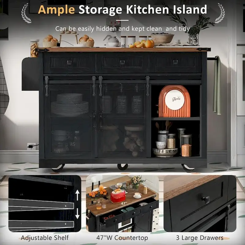 53.7 Farmhouse Kitchen Island with Power Outlet