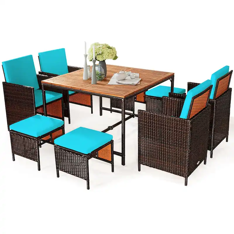 Costway 9PCS Patio Rattan Dining Set Cushioned Chairs Ottoman Wood - See Details
