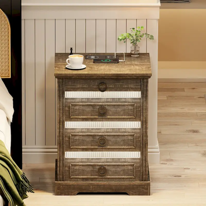 LED 2-Drawer Nightstand With Charging Station and Gun Drawer