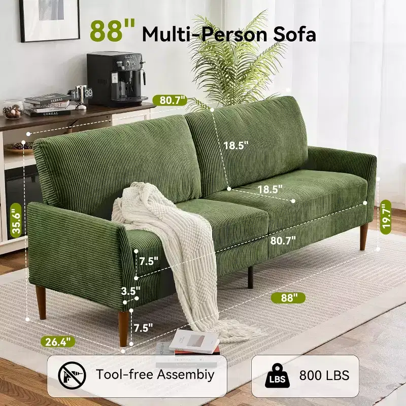 Dyonery 88 Corduroy Loveseat Sofa with Deep Seat Oversized Couch Tool-Free Setup for Living Room Bedroom Office