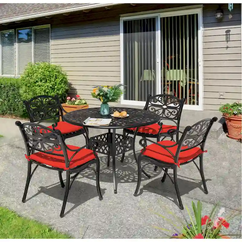 Patio 5 Pieces Cast Aluminum Dining Set with Umbrella Hole and Cushions