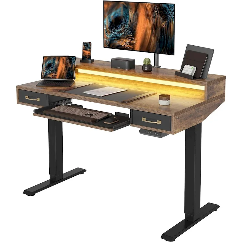 FEZIBO Height Adjustable Electric Standing Desk with Double Drawers&Keyboard Tray, Stand Up Desk with LED Strips