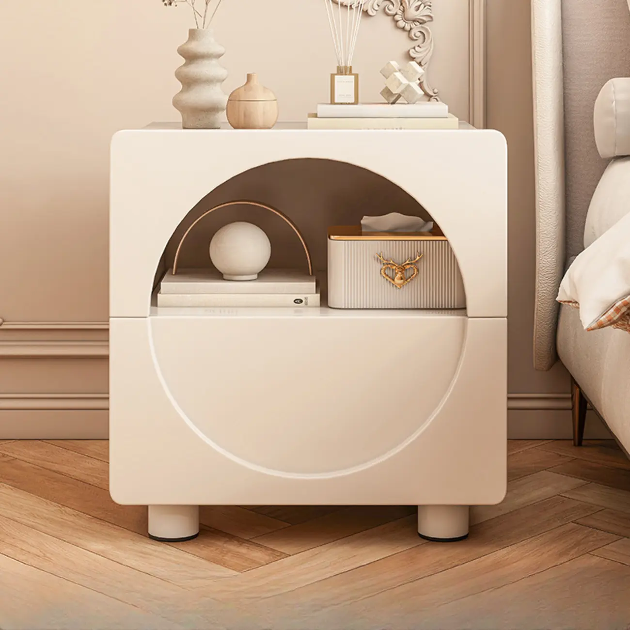 Modern 2-Tier Wooden Small Nightstand in White/Grey